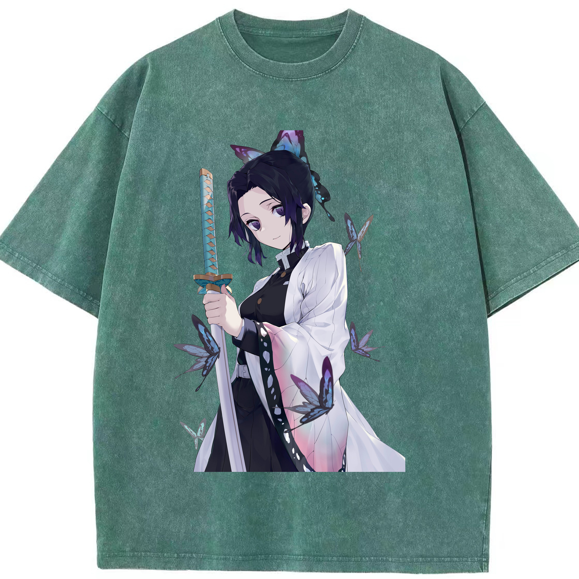 （画像用） 鬼滅の刃（きめつのやいば）蟲柱-胡蝶 しのぶ／こちょう しのぶ Kochou Shinobu 綿100% ヴィンテージ風 半袖Tシャツ（フロントプリント）
